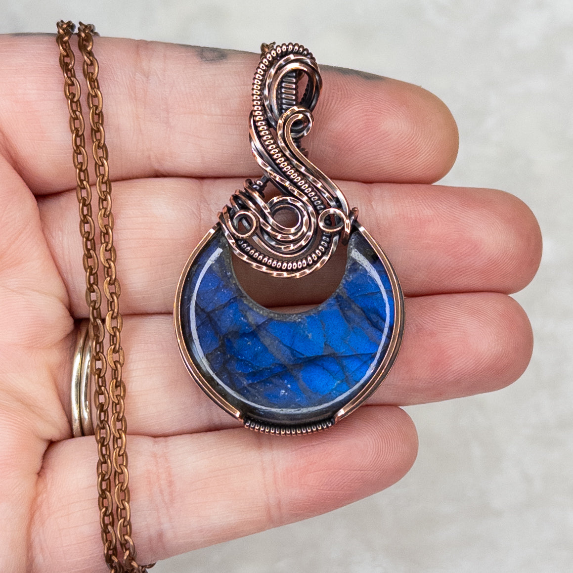 Deep Blue Labradorite Moon Antiqued Copper Pendant