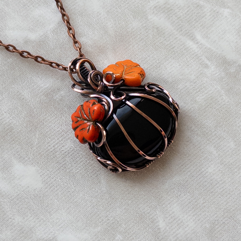 Black Onyx Pumpkin Antiqued Copper Pendant With Czech Glass Leaves