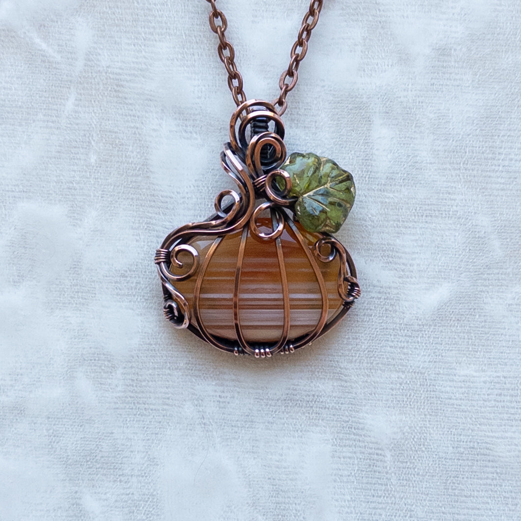 “Candy Corn” Banded Agate Antiqued Copper Pumpkin Pendant With Czech Glass Leaf