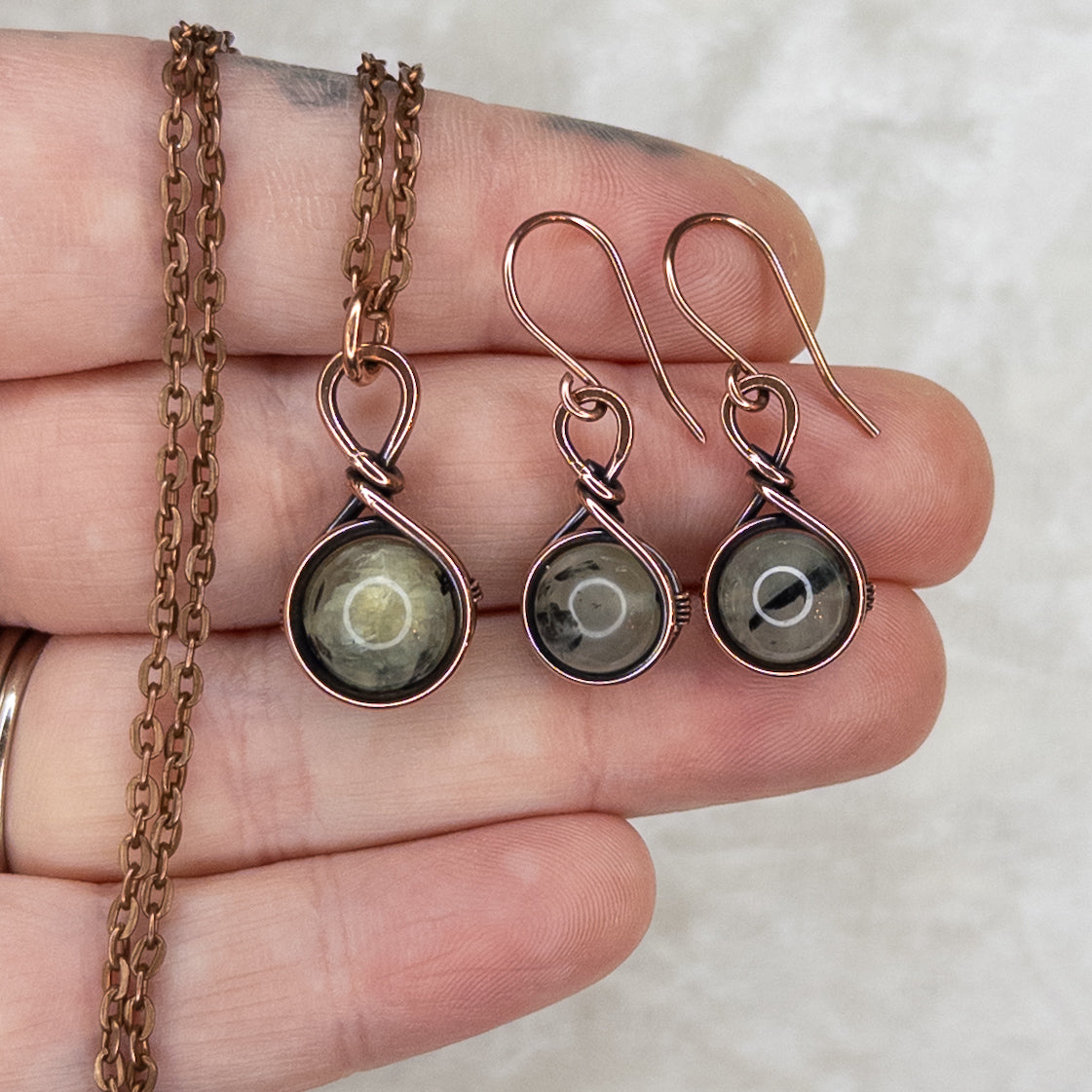 Drops of Prehnite Antiqued Copper Pendant & Earrings Set