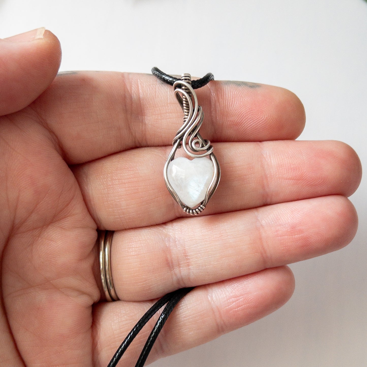 Mini Moonstone Heart & Sterling Silver Wrapped Pendant - A