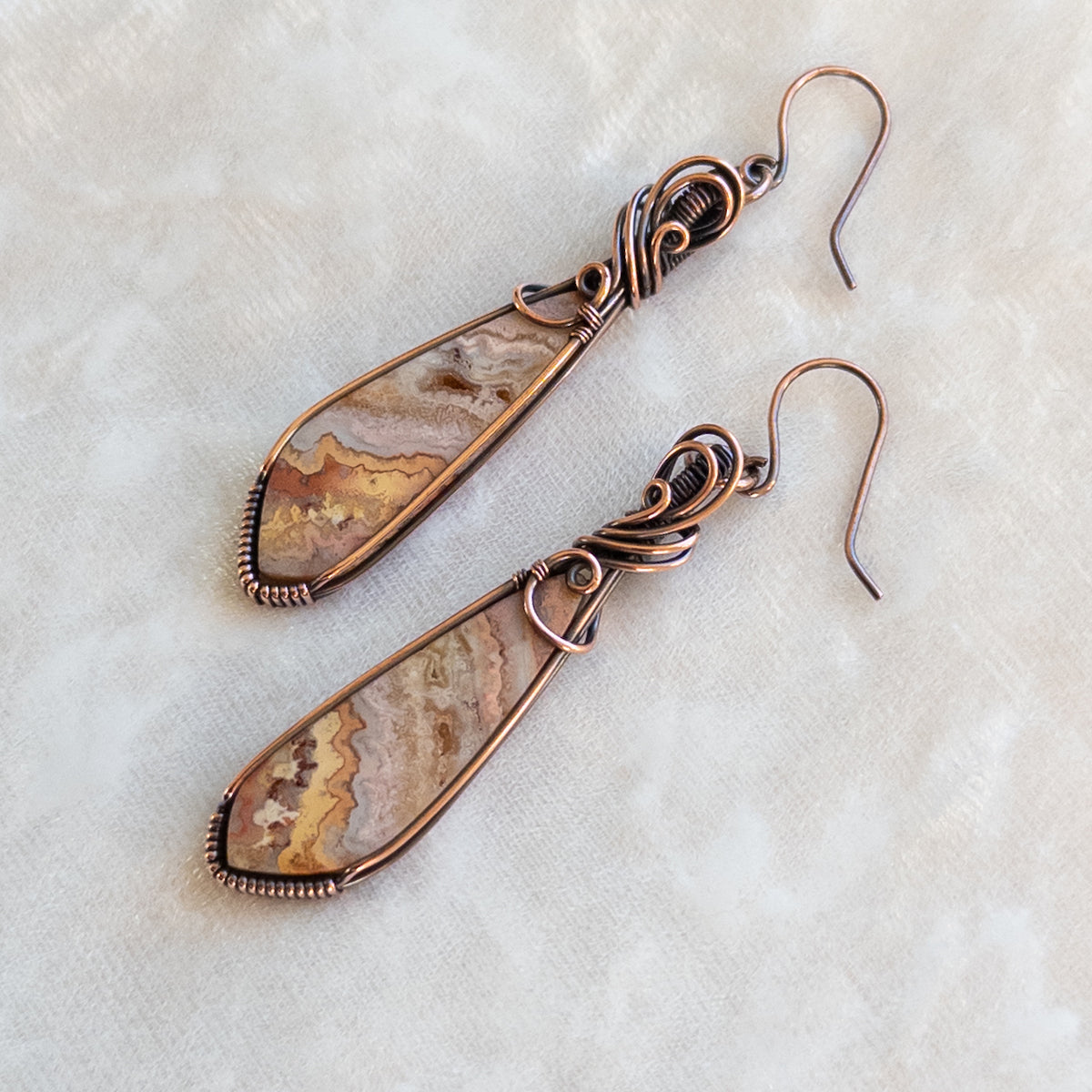 Crazy Lace Agate Antiqued Copper Earrings