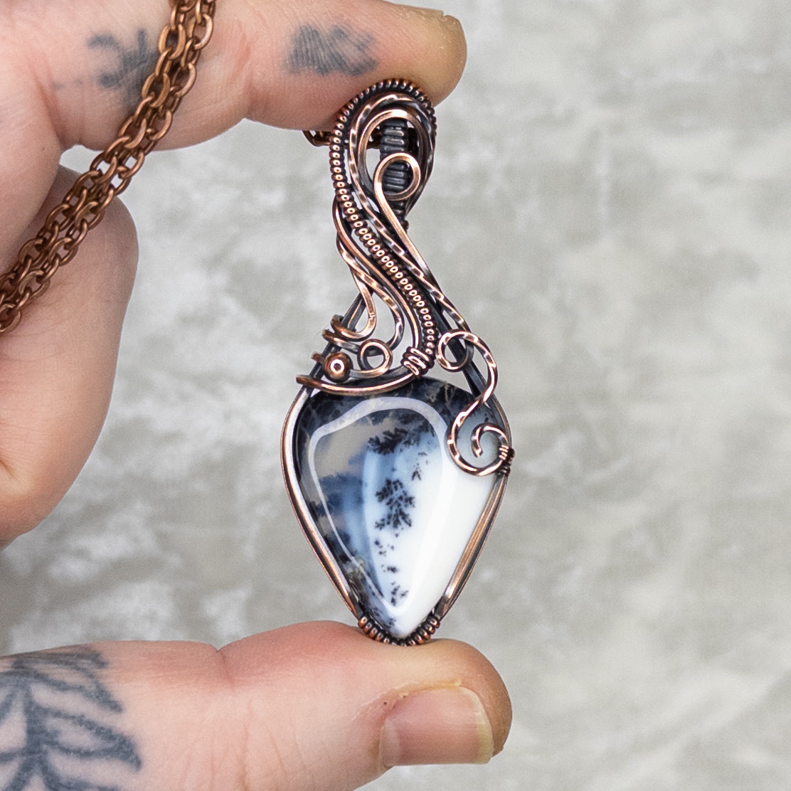 Dendritic White Opal Antiqued Copper Pendant