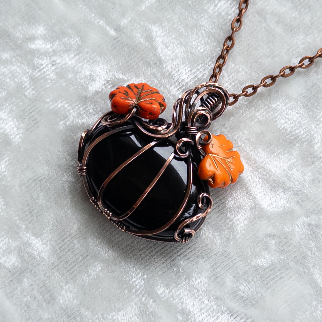 Black Onyx Pumpkin Antiqued Copper Pendant With Czech Glass Leaves