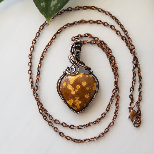 Rust Orange & Honeysuckle Yellow Ocean Jasper Copper Wrapped Pendant