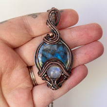 Load image into Gallery viewer, Labradorite With Moonstone  Antiqued Copper Amulet Pendant
