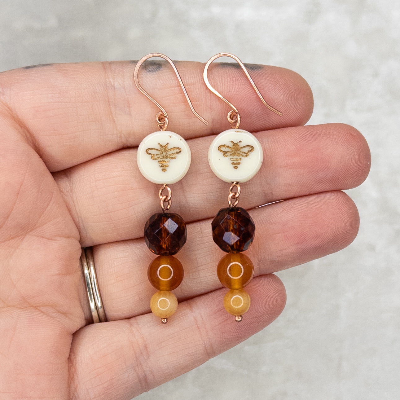 Honey Bee Earrings - Czech glass, carnelian, & orange aventurine beads