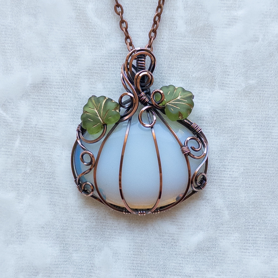 Opalite Glass Antiqued Copper Pumpkin Pendant With Czech Glass Leaves