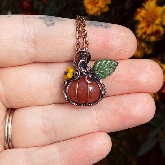 Dainty Carnelian Antiqued Copper Pumpkin Pendant with Czech Glass Blossom & Leaf