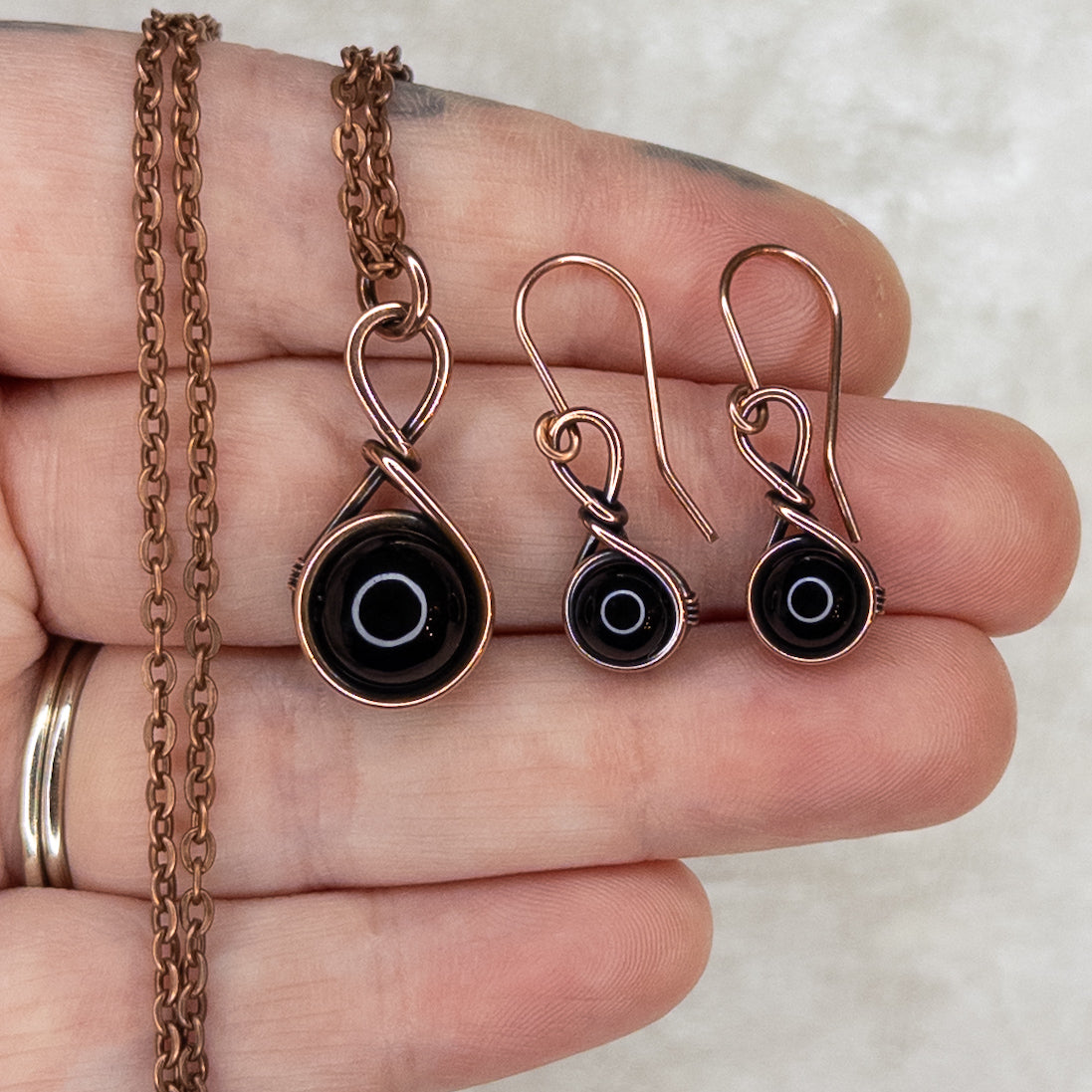 Drops of Obsidian Antiqued Copper Pendant & Earrings Set