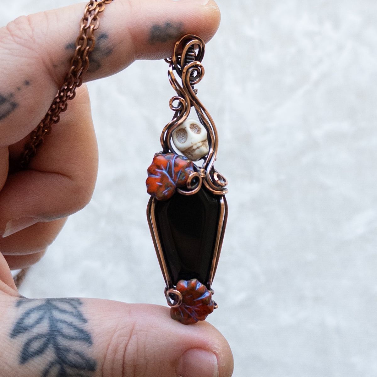 Obsidian Coffin & Skull Antiqued Copper Pendant With Czech Glass Leaves