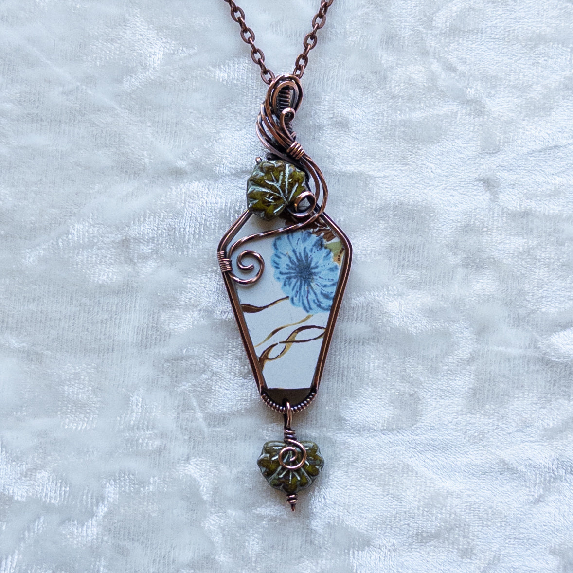 Vintage China Coffin Pendant With Czech Glass Leaves - Antiqued Copper