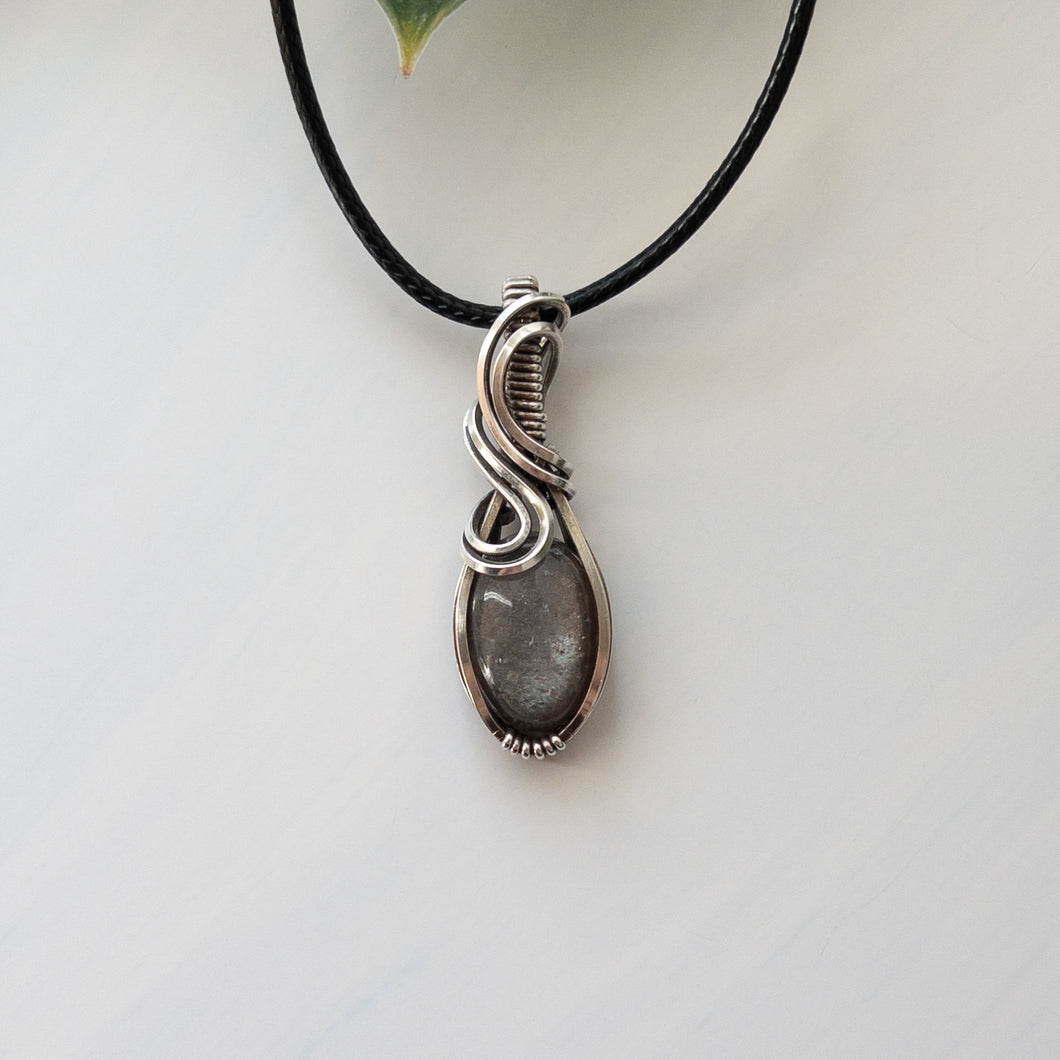 Dainty Black Moonstone & Sterling Silver Wrapped Pendant