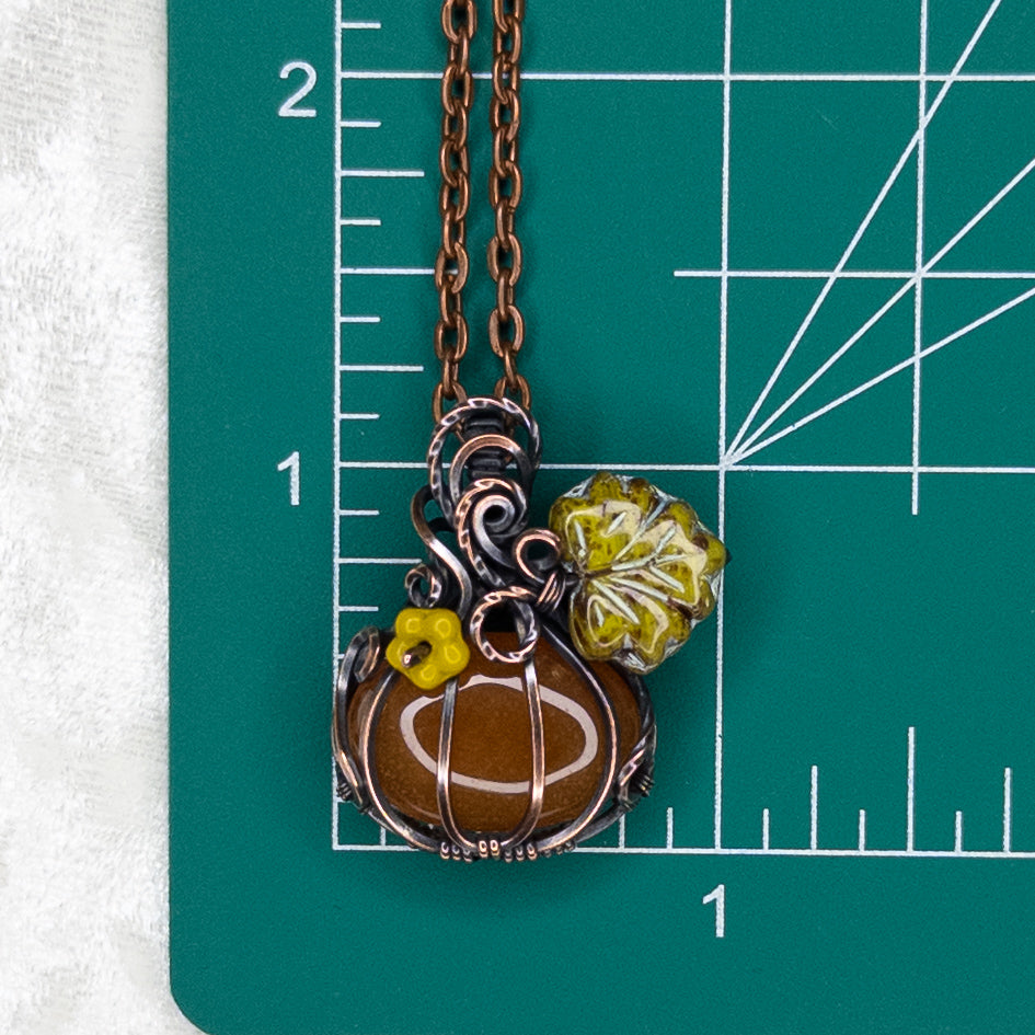 Carnelian Antiqued Copper Pumpkin Pendant With Czech Glass Leaf & Blossom