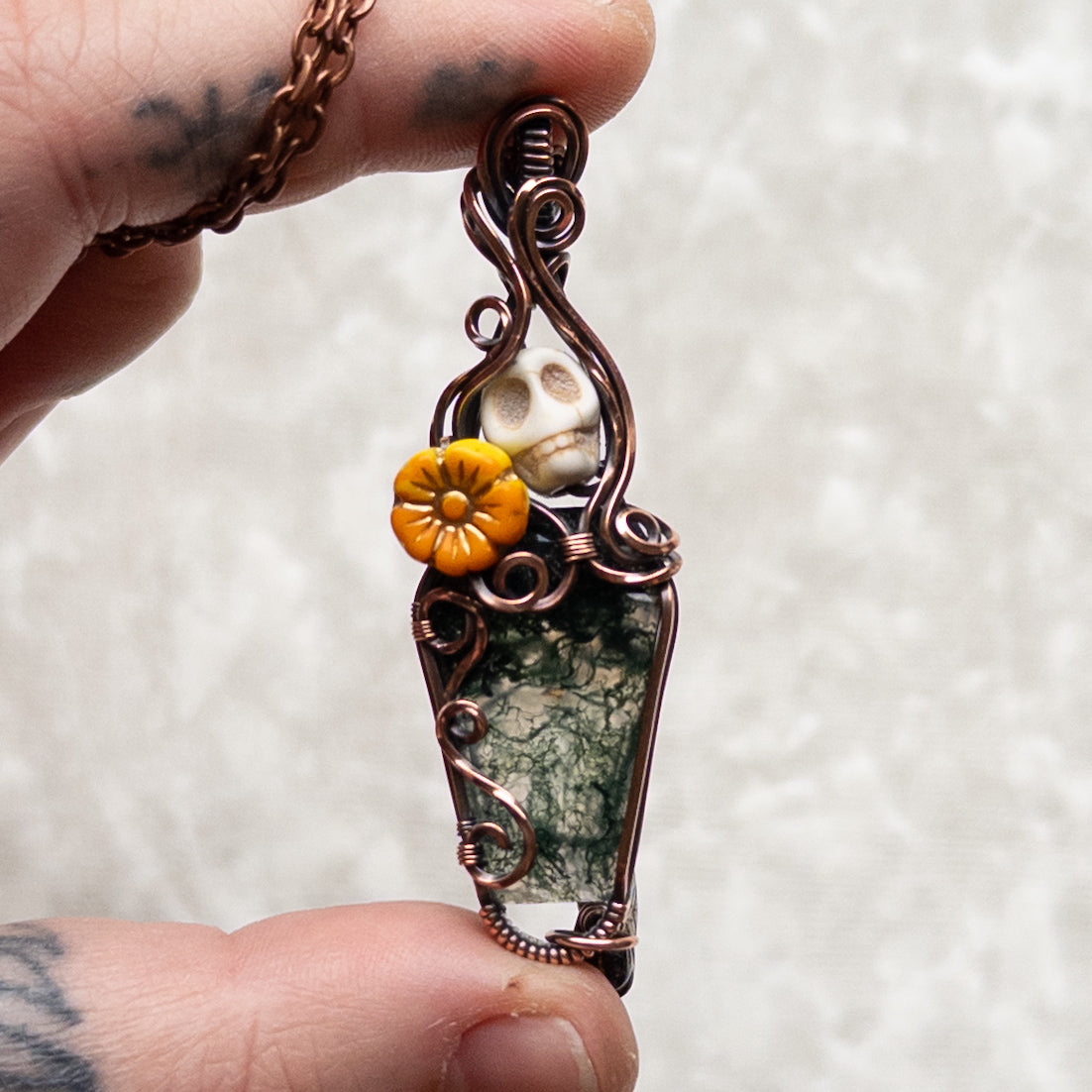 Moss Agate Coffin, Skull, & Marigold Antiqued Copper Pendant With Dangling Czech Glass Leaf