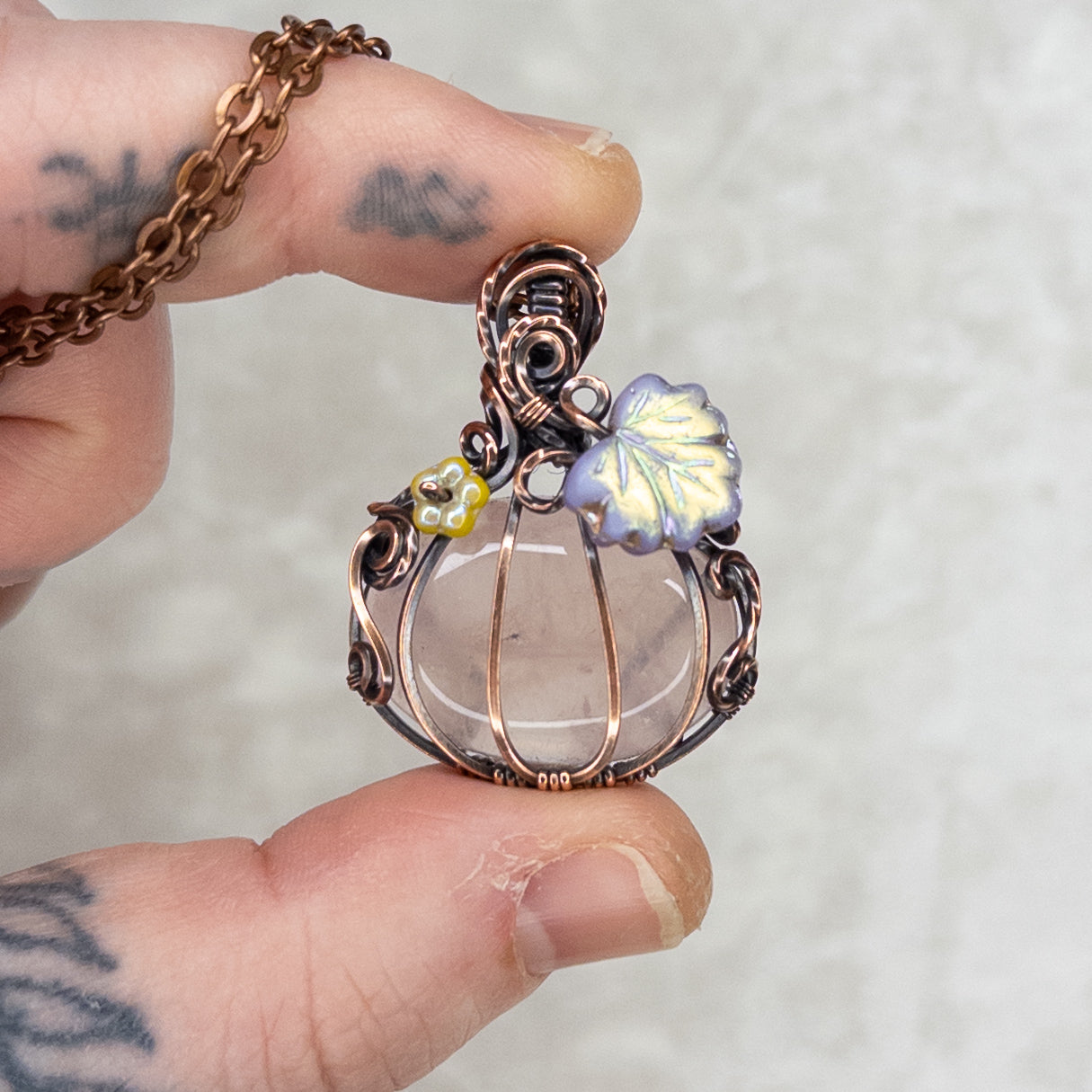“Fairy Pumpkin” Rose Quartz Antiqued Copper Pumpkin Pendant With Iridescent Czech Glass Leaf & Blossom