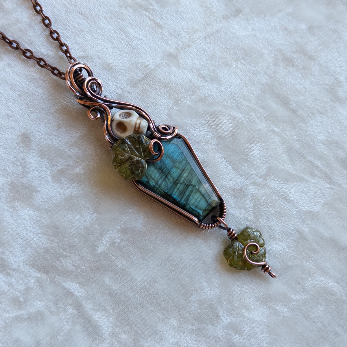 Labradorite Coffin & Skull Antiqued Copper Pendant With Czech Glass Leaves