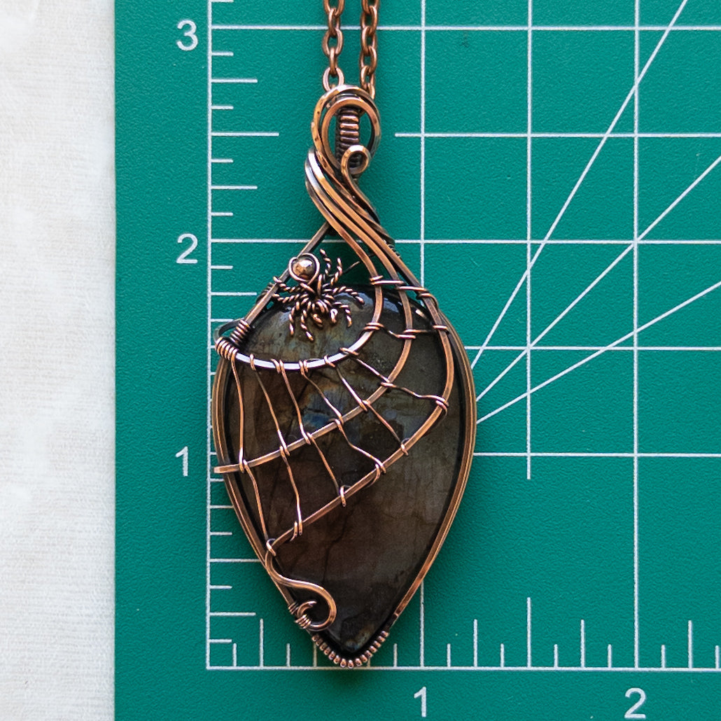 Labradorite Spider & Web Antiqued Copper Pendant