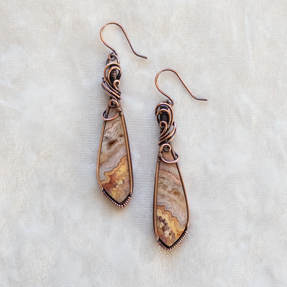 Crazy Lace Agate Antiqued Copper Earrings