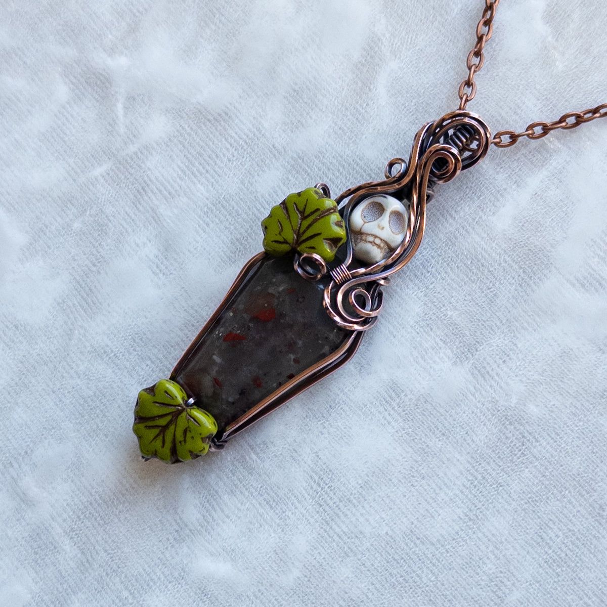 African Bloodstone Coffin & Skull Antiqued Copper Pendant With Czech Glass Leaves