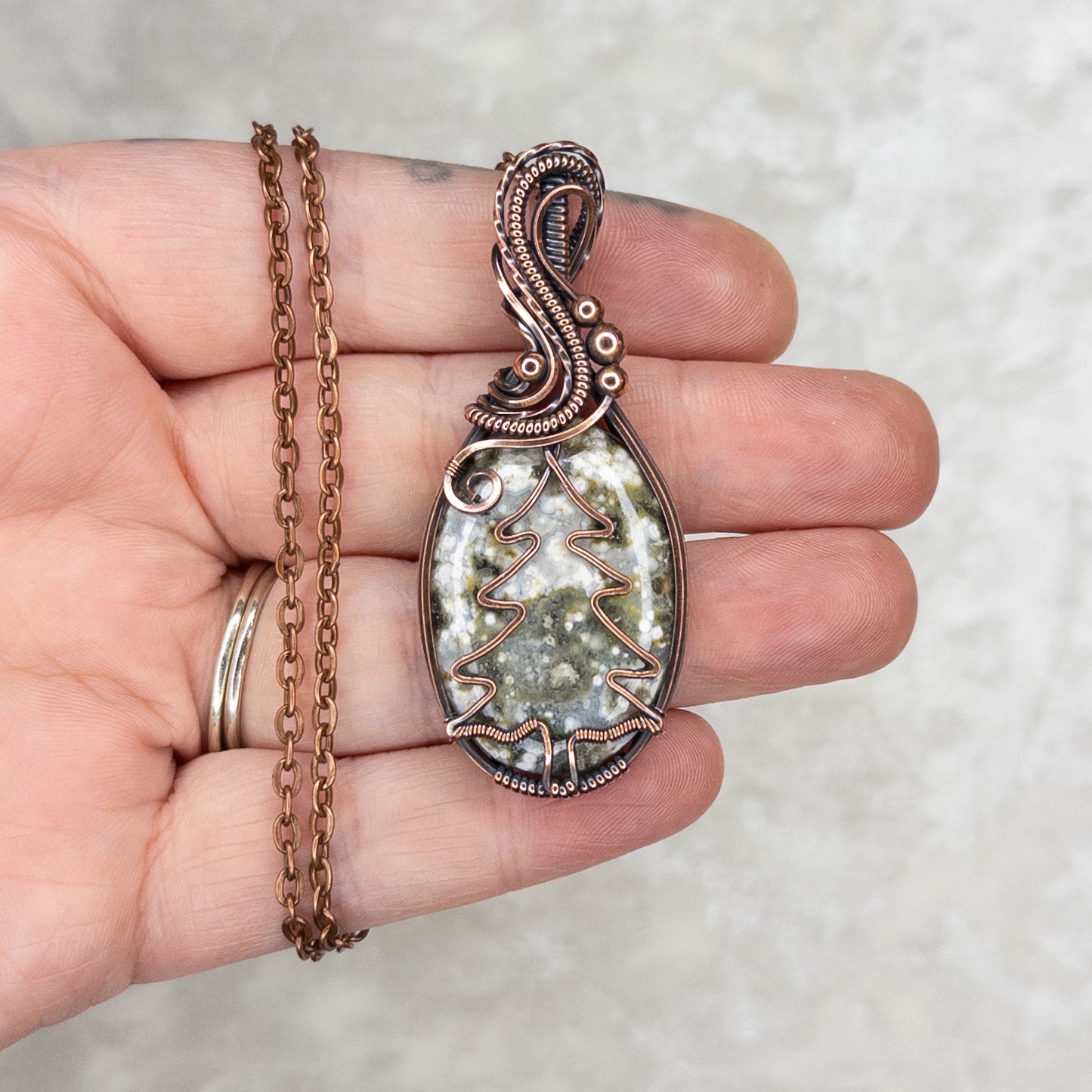 Ocean Jasper Pine Tree Antiqued Copper Pendant
