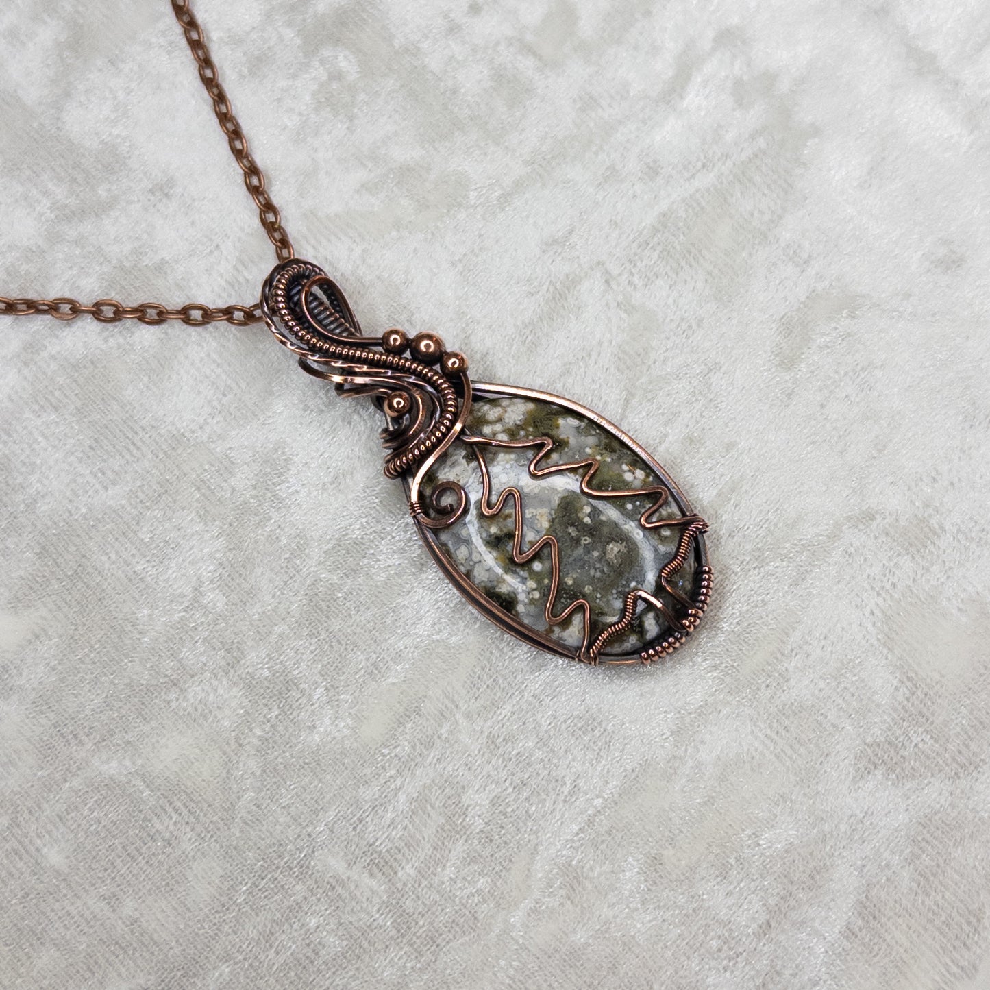 Ocean Jasper Pine Tree Antiqued Copper Pendant