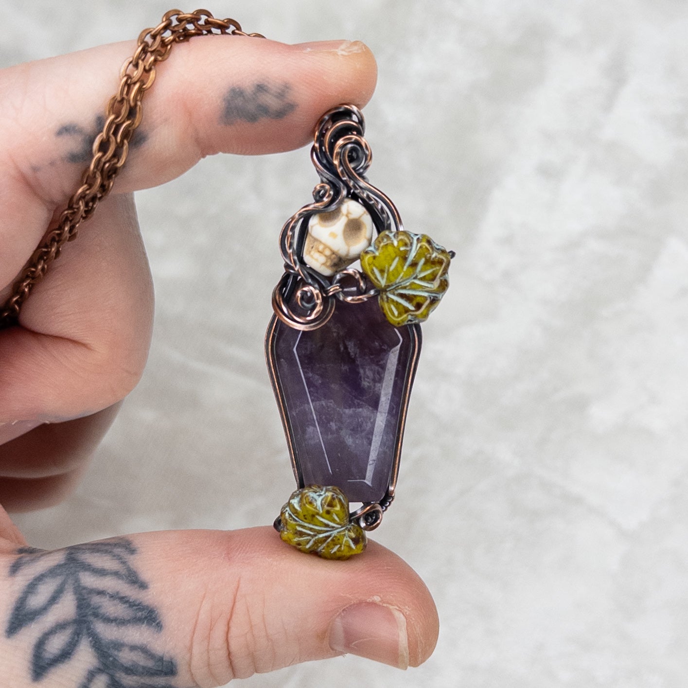 Amethyst Coffin & Skull Antiqued Copper Pendant With Czech Glass Leaves