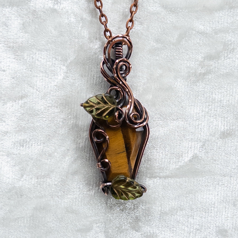 Tiger’s Eye Coffin & Leaves Antiqued Copper Pendant