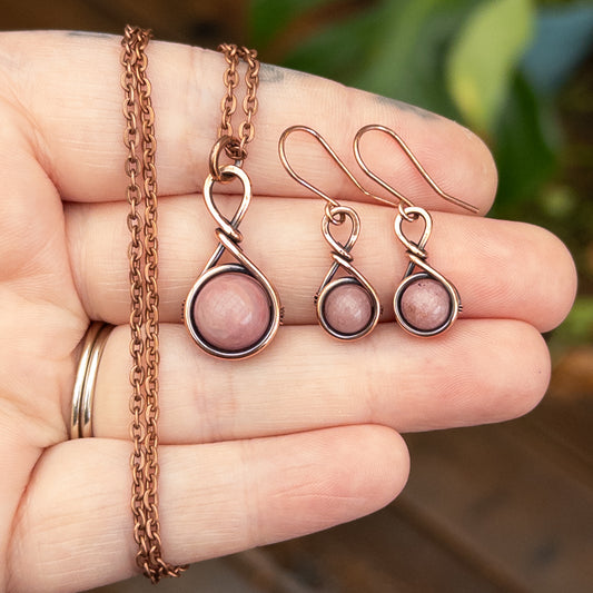 Drops of Rhodonite Antiqued Copper Pendant & Earrings Set