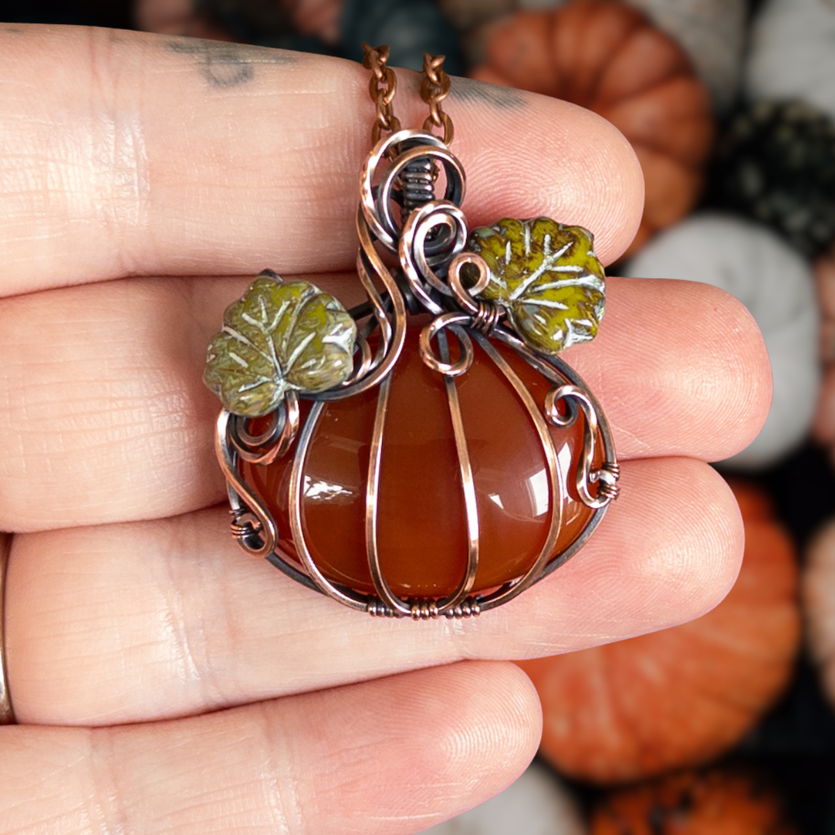 Carnelian Pumpkin Antiqued Copper Pendant With Czech Glass Leaves