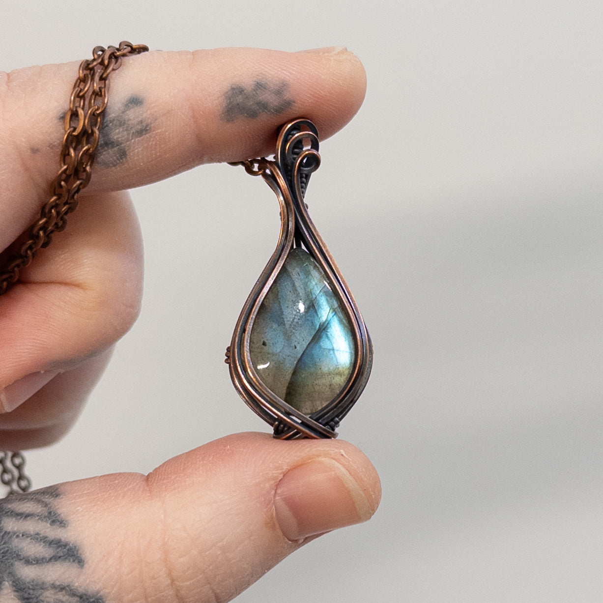 Blue Green Labradorite Copper Wrapped Pendant