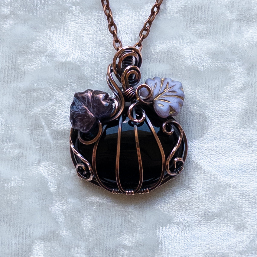 Black Onyx Pumpkin Pendant With Purple Czech Glass Leaves - Antiqued Copper
