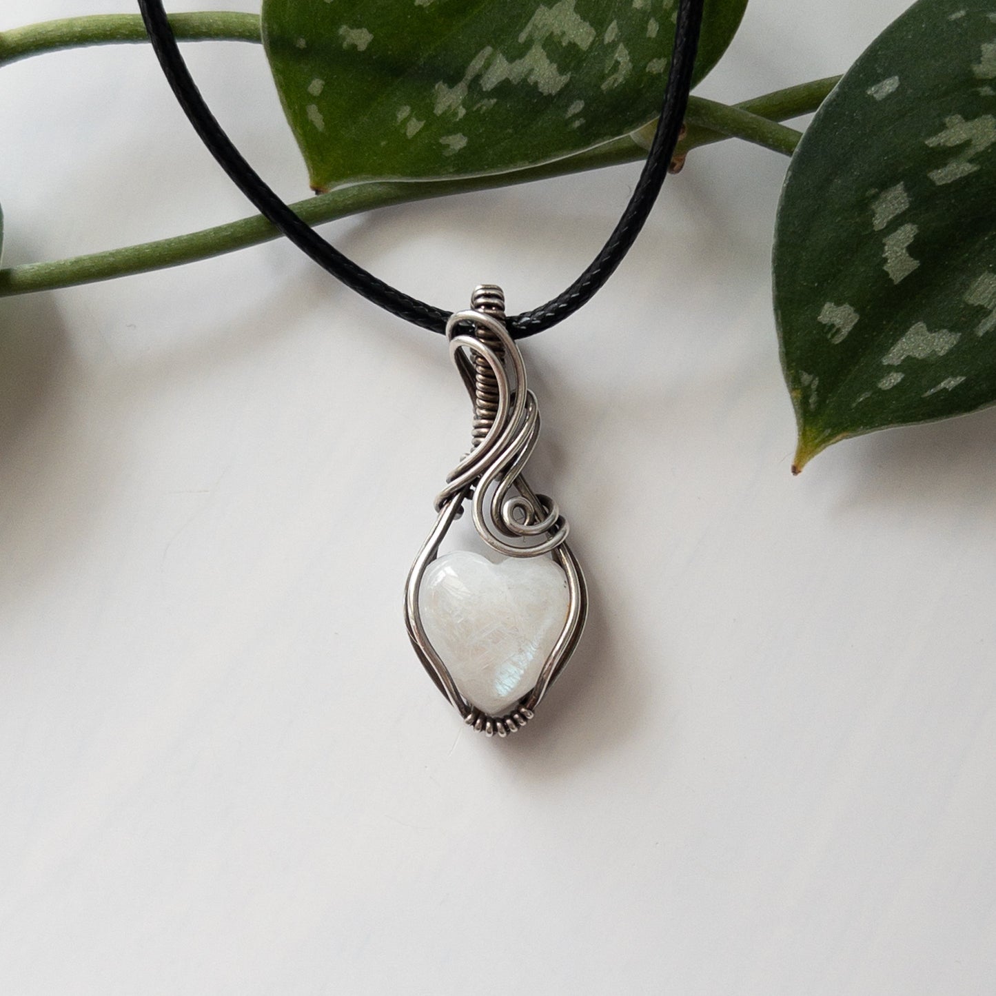 Mini Moonstone Heart & Sterling Silver Wrapped Pendant - A