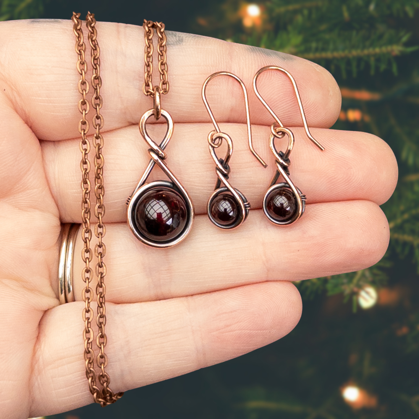 Drops of Garnet Antiqued Copper Pendant & Earrings Set