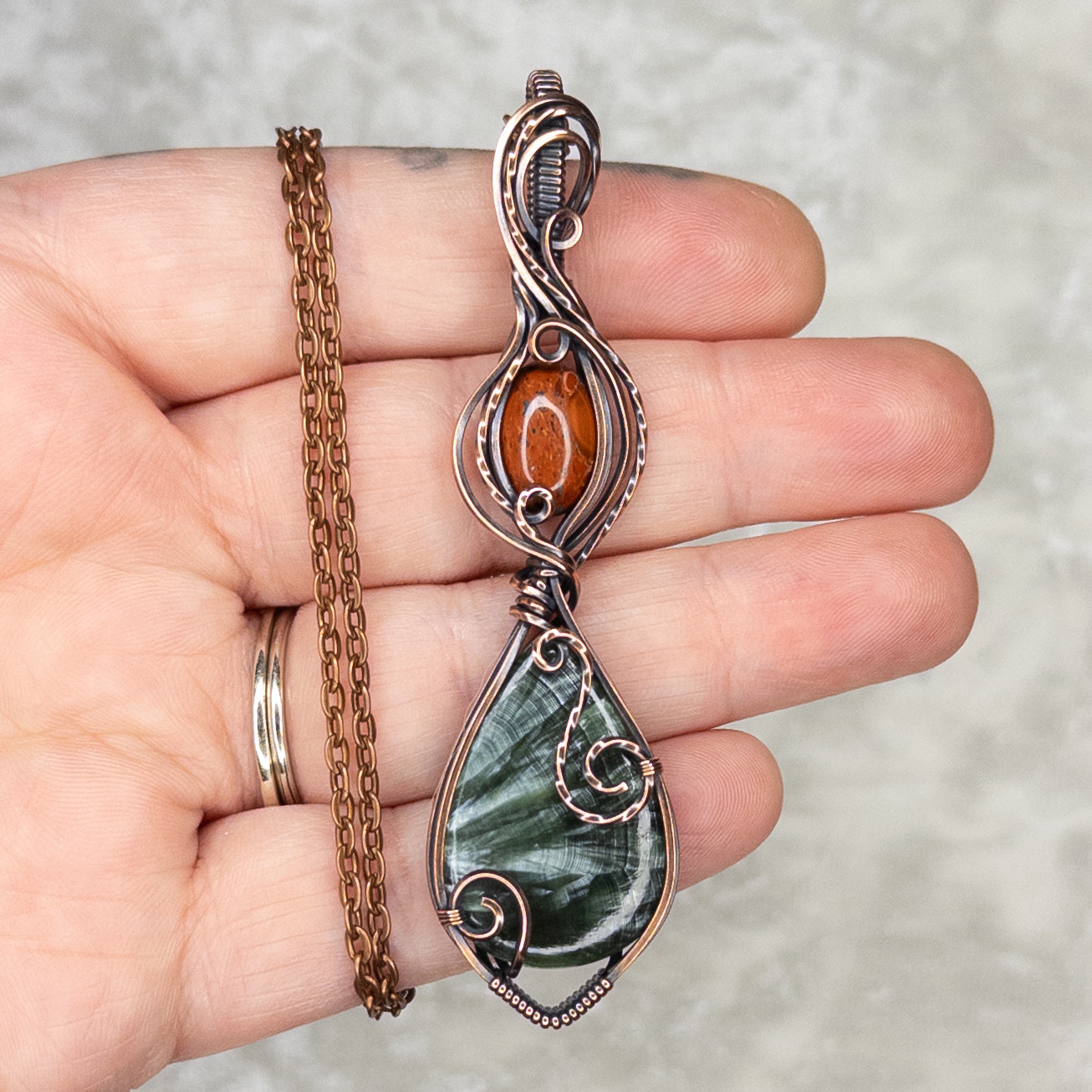 Seraphinite & Red Jasper Antiqued Copper Pendant