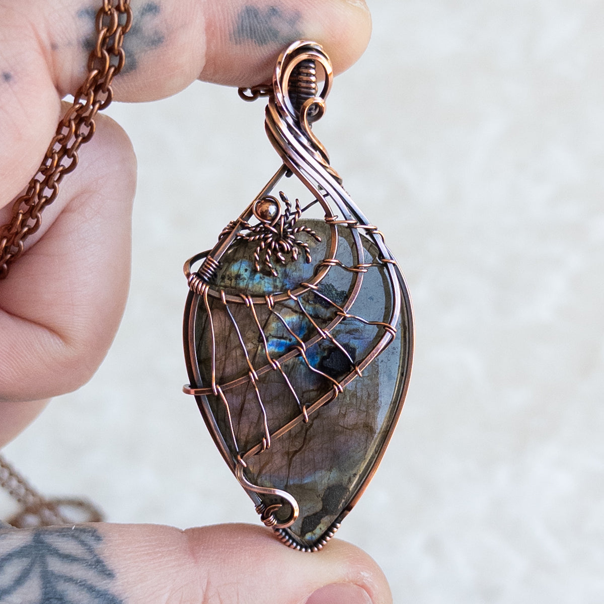 Labradorite Spider & Web Antiqued Copper Pendant