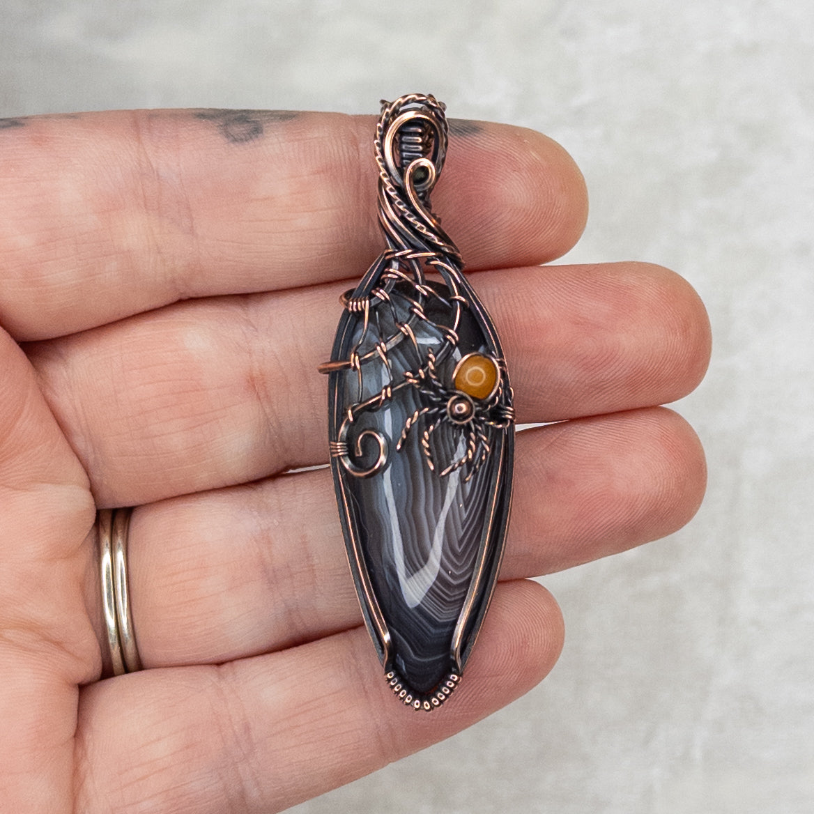 Botswana Agate & Orange Aventurine Spider Antiqued Copper Pendant