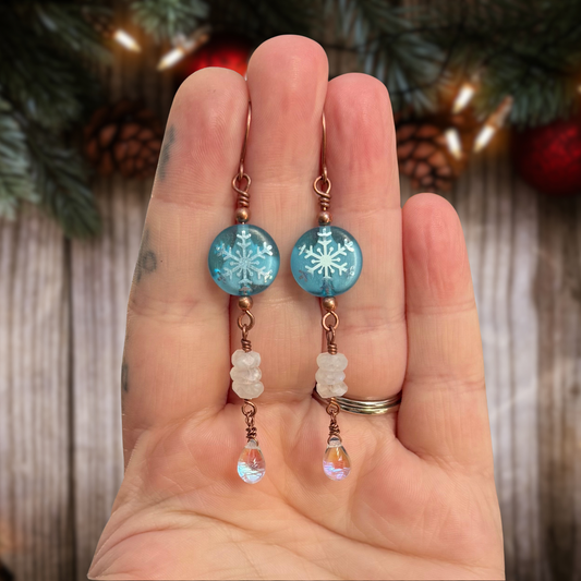 Snowflake, Moonstone, & Droplet Dangle Earrings