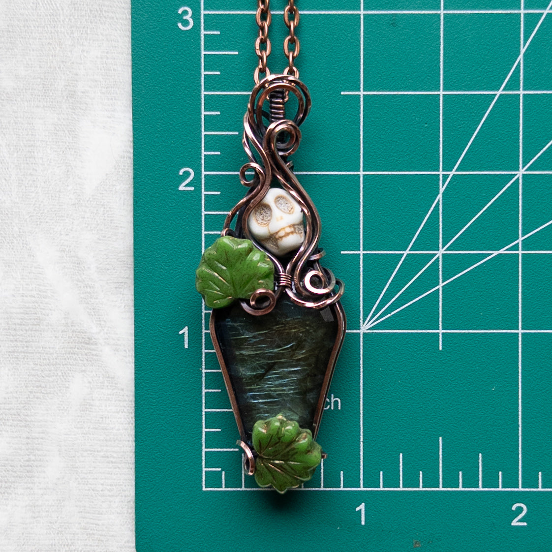Labradorite Coffin & Skull Antiqued Copper Pendant With Czech Glass Leaves