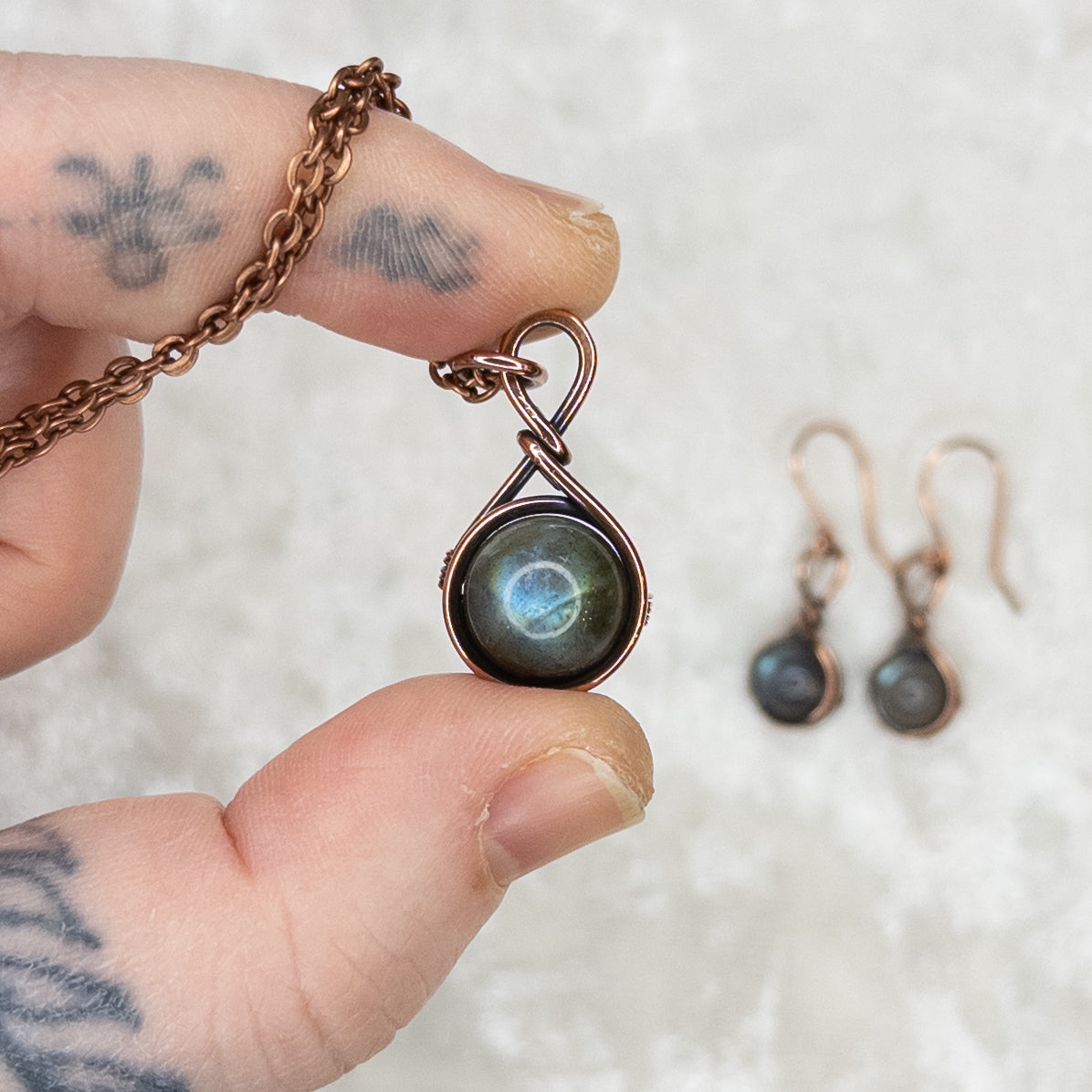 Drops of Labradorite Antiqued Copper Pendant & Earrings Set