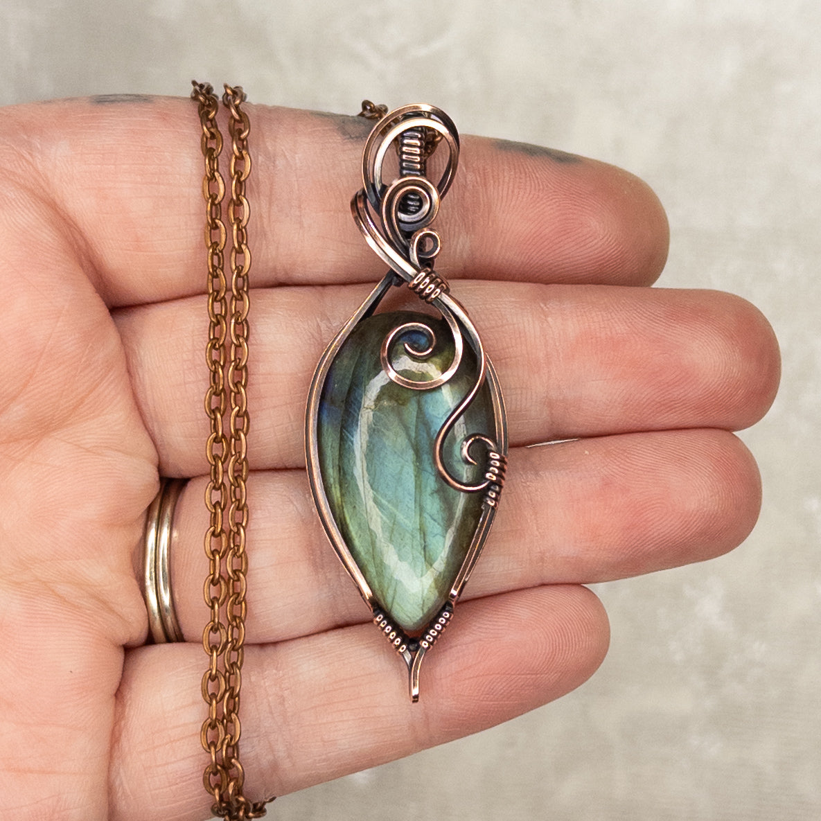 Green & Blue Labradorite Antiqued Copper Pendant