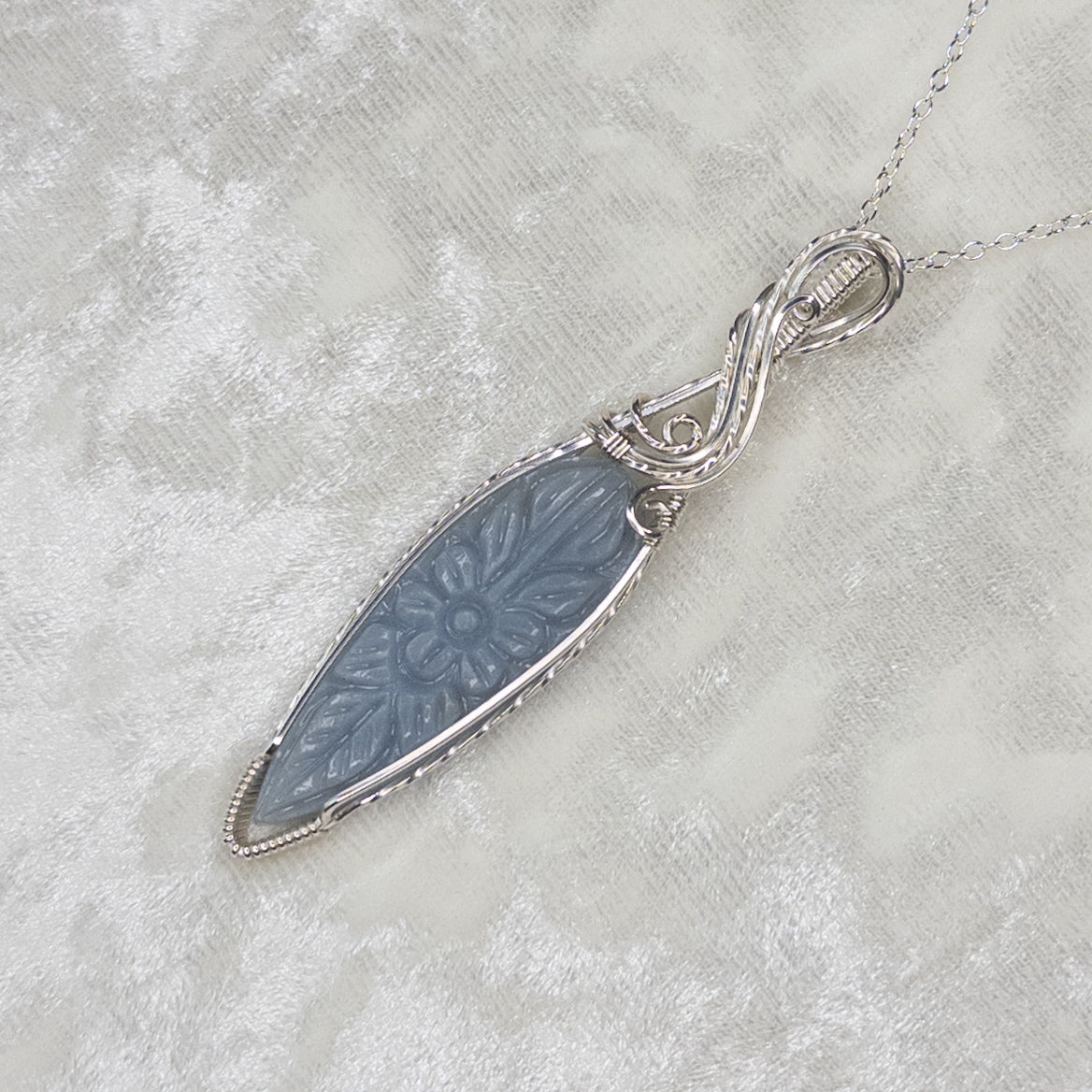 Flower Carved Angelite .925 Sterling Silver Pendant