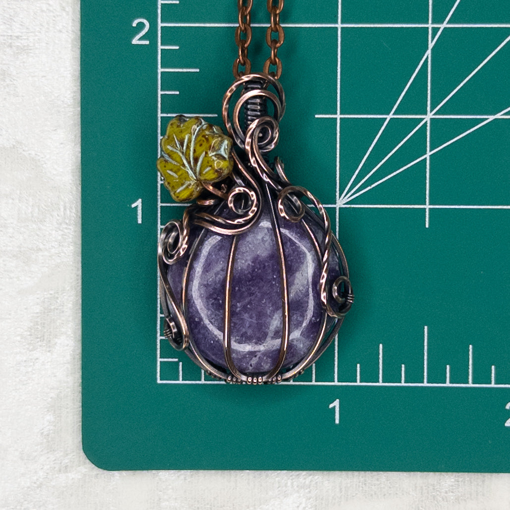 Lepidolite Antiqued Copper Pumpkin Pendant With Czech Glass Leaf