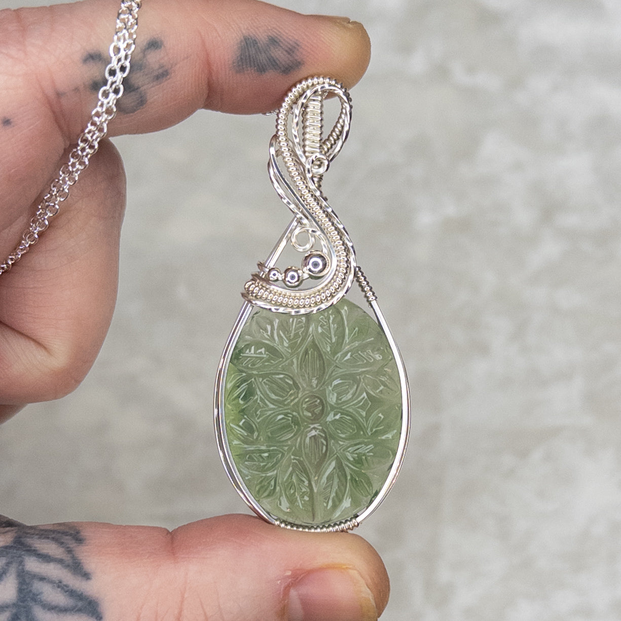 Floral Motif Carved Green Fluorite .925 Sterling Silver Pendant