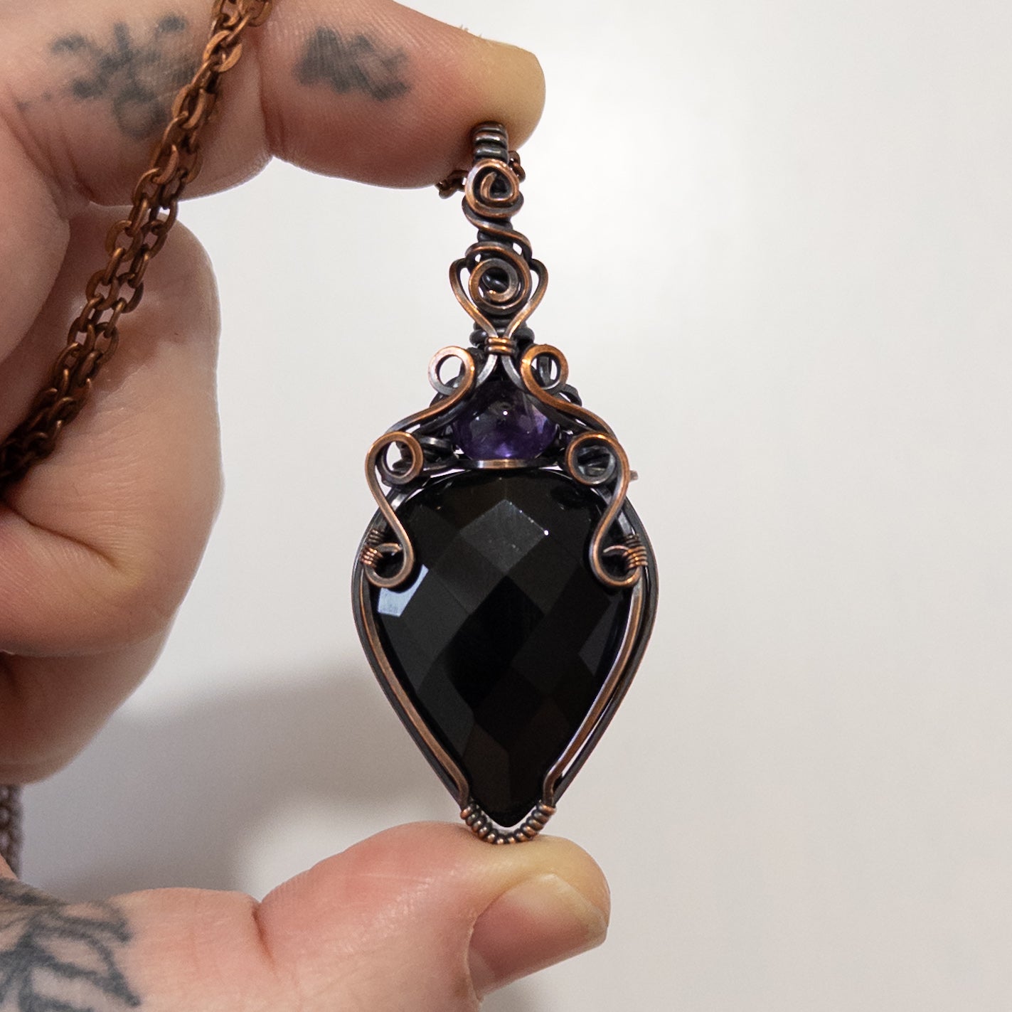 Faceted Obsidian & Amethyst Copper Wrapped Pendant