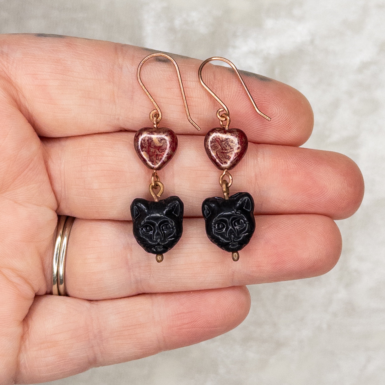 Black Cat & Hearts Czech Glass Copper Earrings