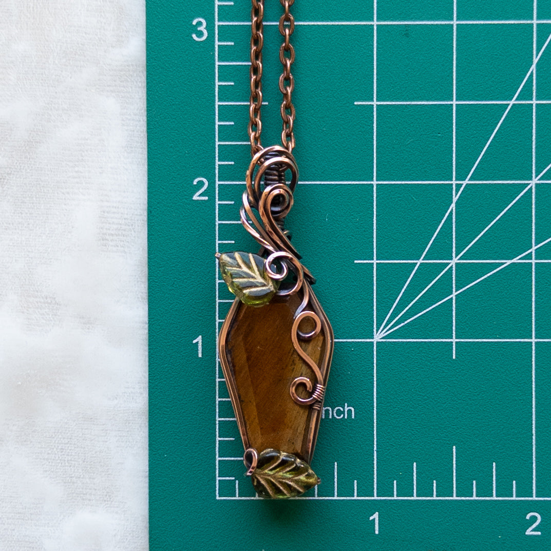 Tiger’s Eye Coffin & Leaves Antiqued Copper Pendant