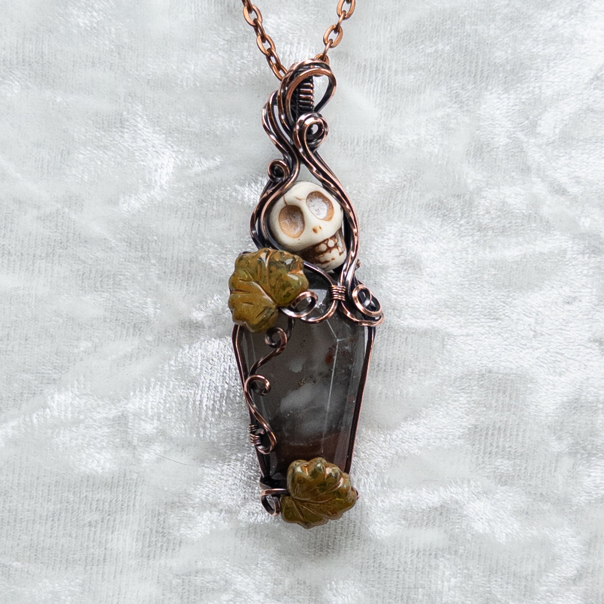 African Bloodstone Coffin & Skull Antiqued Copper Pendant With Czech Glass Leaves