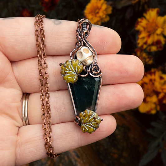 Moss Agate Coffin Antiqued Copper Pendant With Czech Glass Leaves & Stone Skull