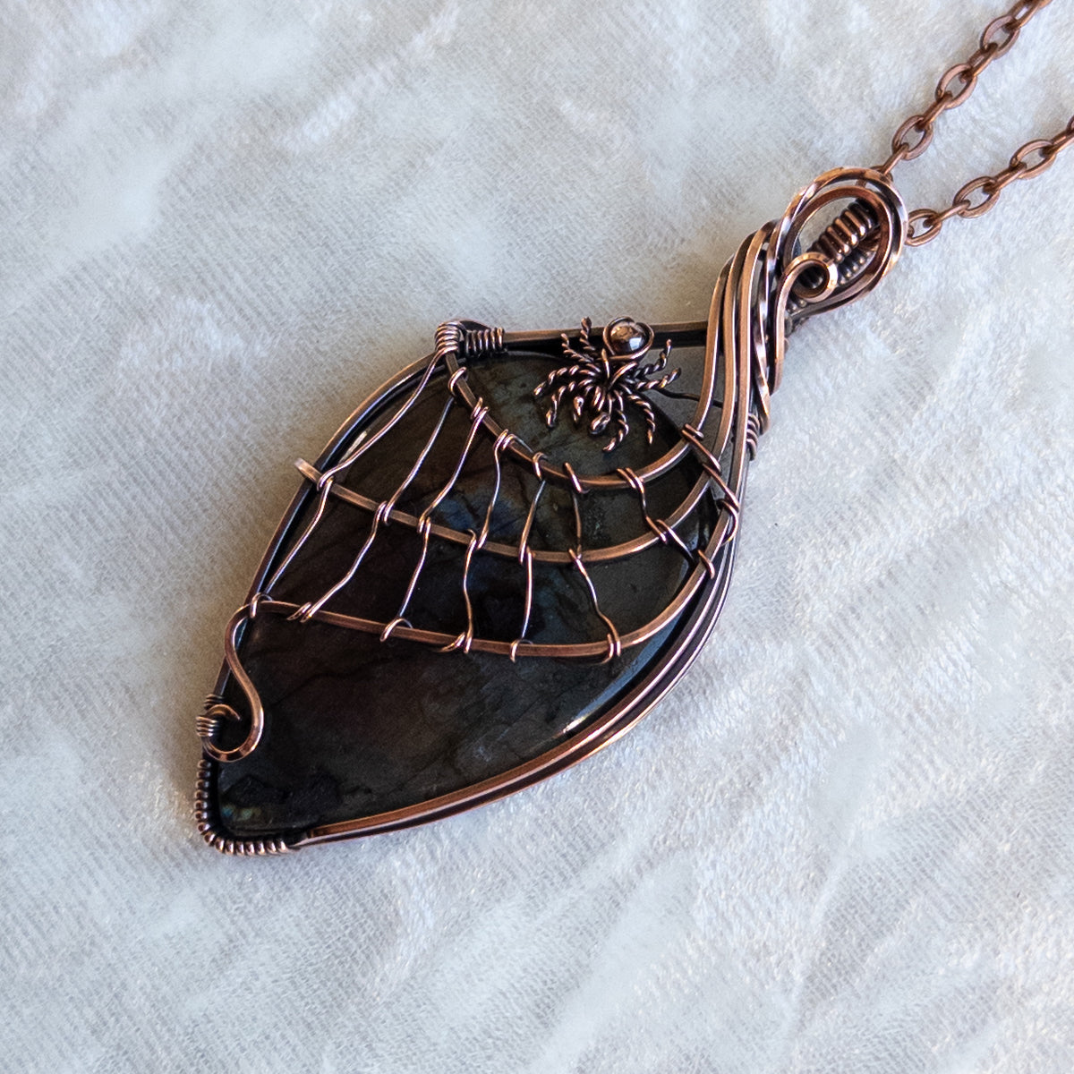 Labradorite Spider & Web Antiqued Copper Pendant